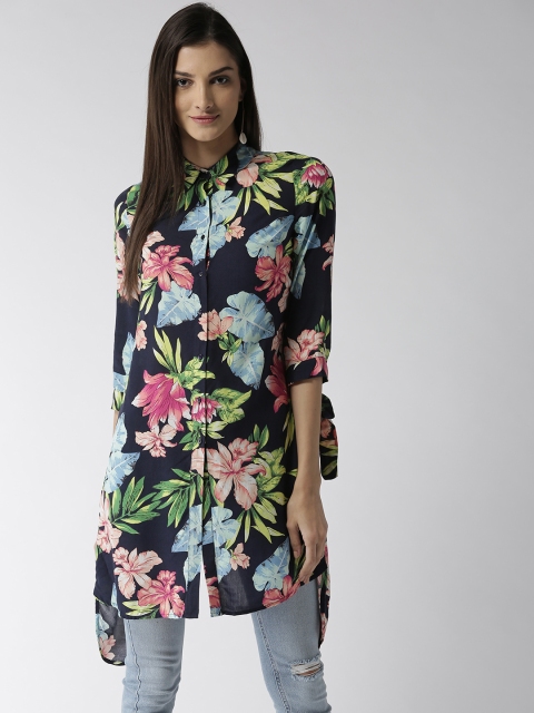 

Madame Women Navy Blue & Green Regular Fit Printed Casual Longline Shirt