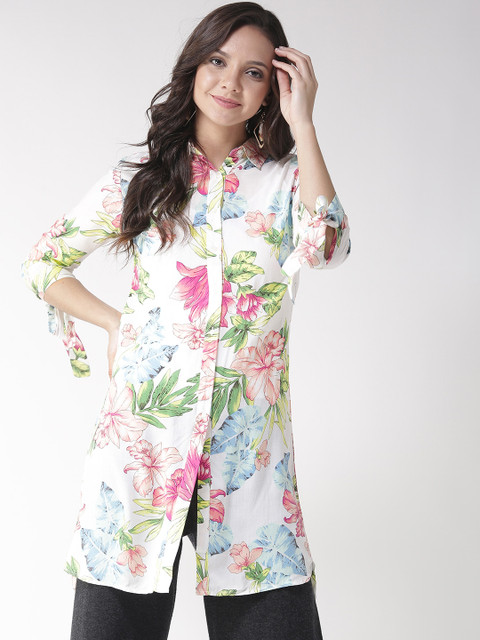 

Madame Women White & Pink Regular Fit Printed Longline Casual Shirt