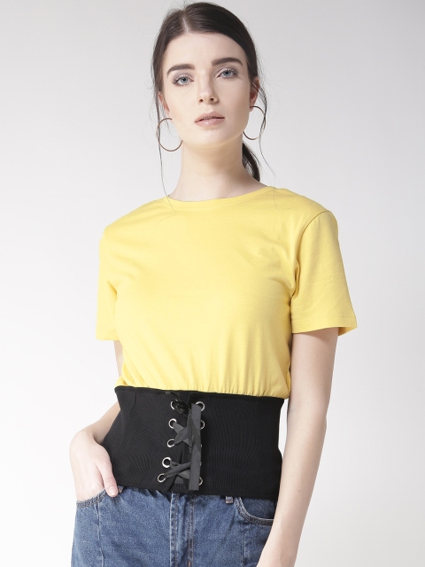 

Madame Women Yellow & Black Colourblocked Regular Pure Cotton Top
