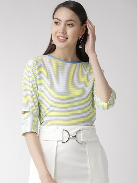 

Madame Women Yellow & Off-White Striped Round Neck T-shirt