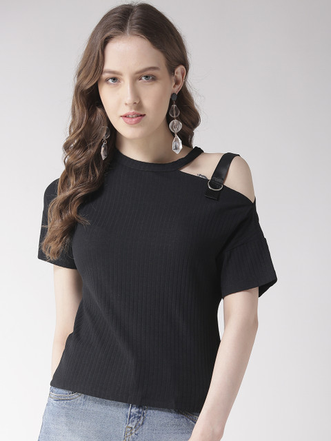 

Madame Women Black Self Striped Pure Cotton Top