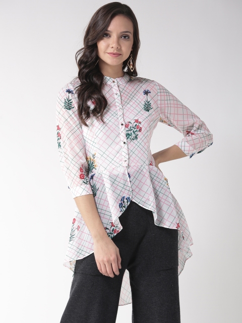 

Madame Women White & Pink Semi-Sheer Regular Fit Checked Longline Casual Shirt