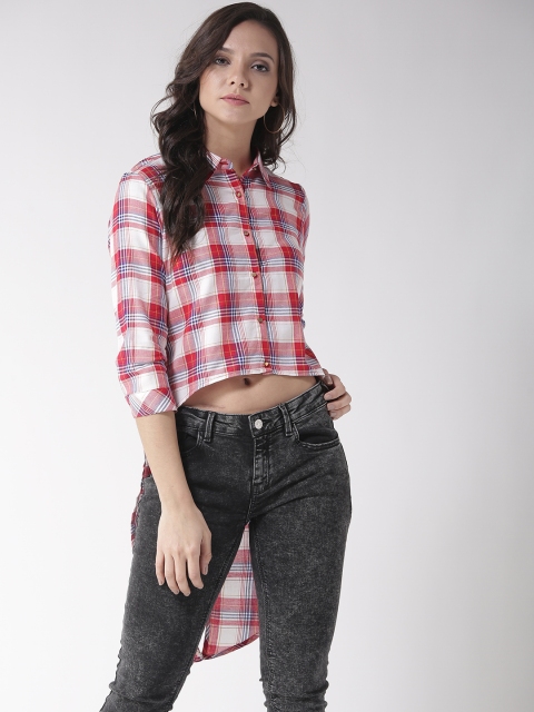 

Madame Women Red & White Regular Fit Checked Casual Longline Shirt