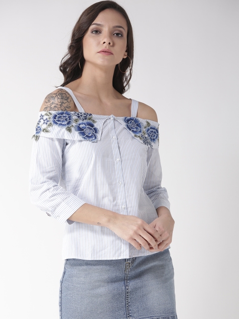 

Madame Women Blue& White Striped Bardot Top