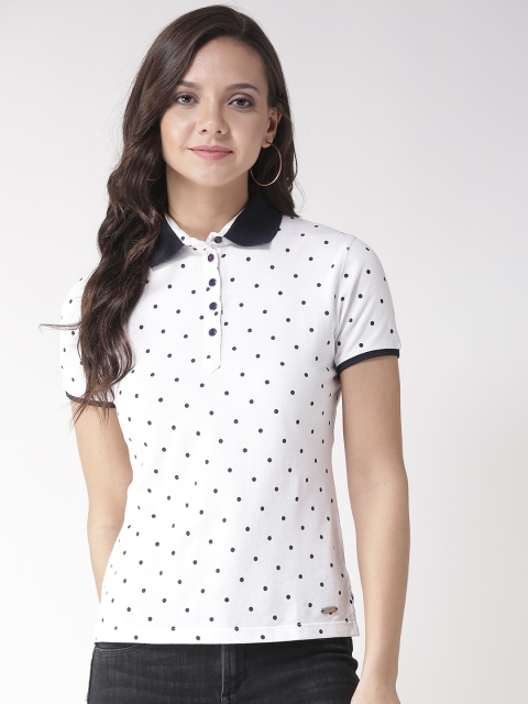 

Madame Women White & Navy Blue Printed Polo Collar T-shirt
