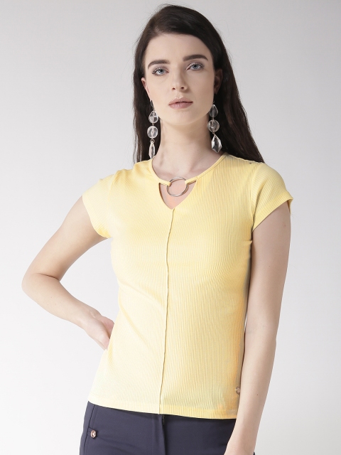 

Madame Women Yellow Self-Striped Fitted Top