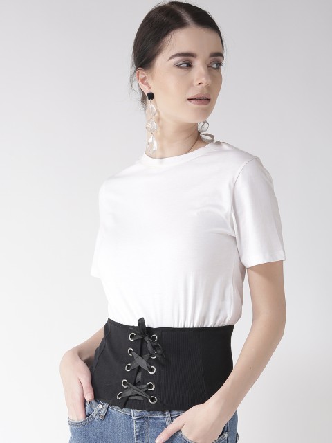 

Madame Women White & Black Colourblocked Pure Cotton Top
