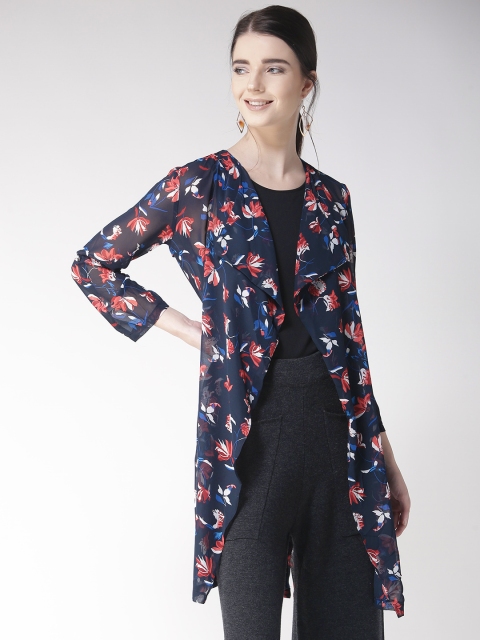 

Madame Navy Blue & Red Printed Waterfall Longline Shrug