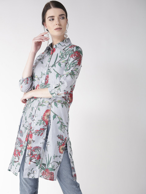 

Madame Women Blue & White Regular Fit Striped Casual Longline Shirt