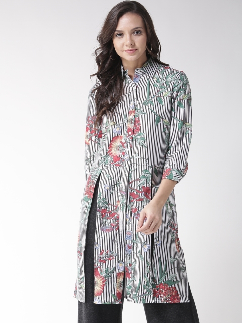

Madame Women White & Black Regular Fit Striped Longline Casual Shirt
