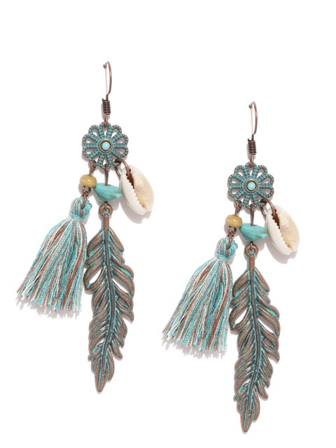 

justpeachy Teal & Bronze-Toned Leaf Shaped Tasseled Drop Earrings