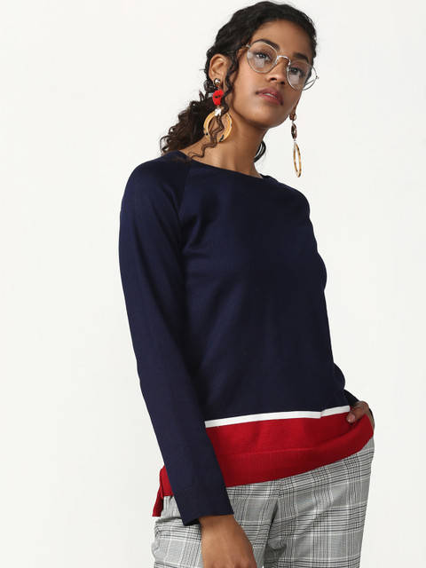 

Miss Bennett Women Navy Blue & Red Colourblocked Top