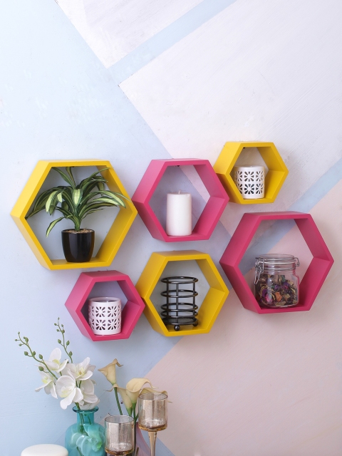 

Home Sparkle Pink & Yellow MDF Basic Wall Shelf