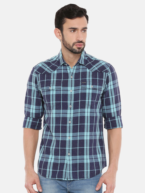 

Lee Men Green & Navy Slim Fit Checked Casual Shirt