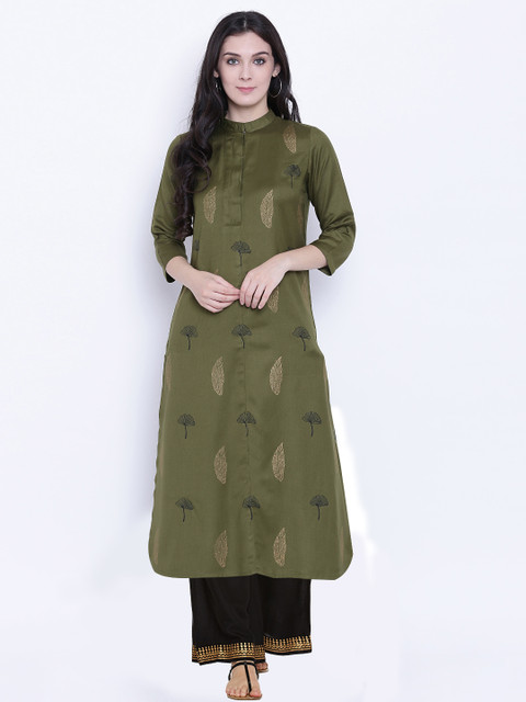 

studio rasa Women Olive Green & Black Printed Kurta with Palazzos
