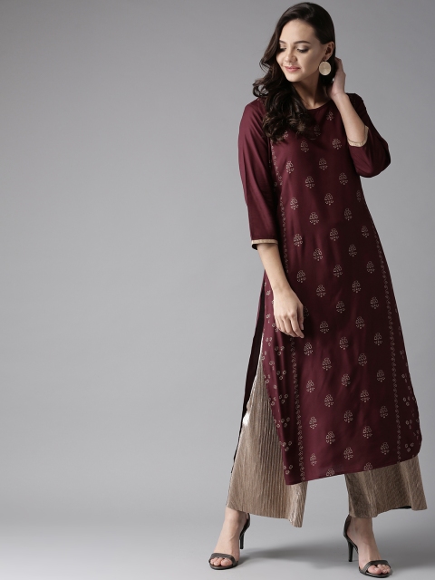 

HERE&NOW Women Ethnic Motif Prints & Side Slits Straight Viscose Kurta, Burgundy