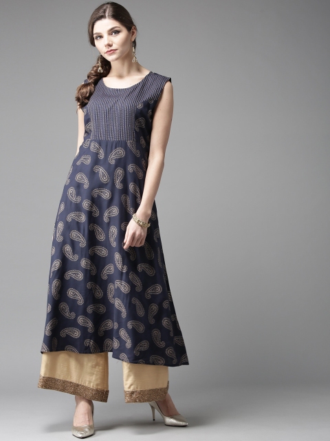 

HERE&NOW Women Navy Blue & Golden Printed A-Line Kurta