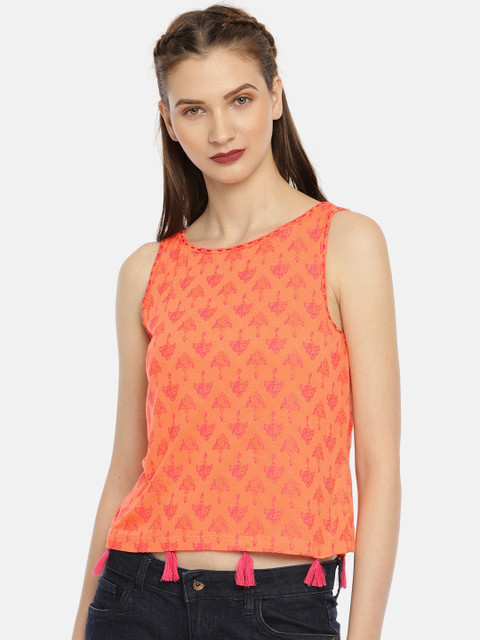 

Colour Me by Melange Women Coral Pink Printed Crop Top