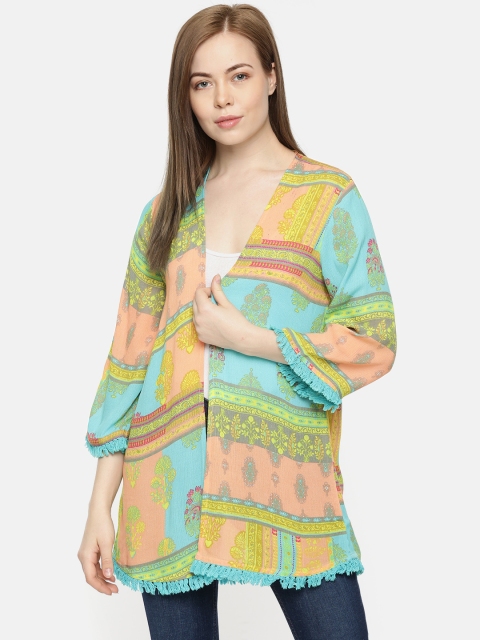 

Colour Me by Melange Peach-Coloured & Blue Printed Open Front Shrug