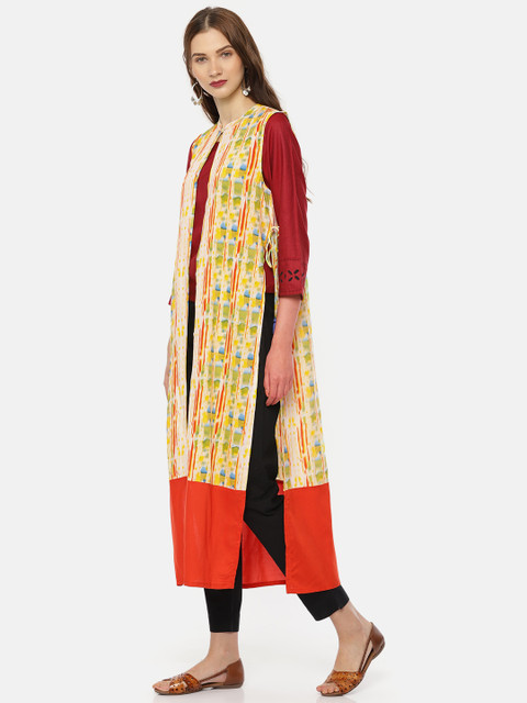 

Colour Me by Melange Green & Yellow Printed Longline Button Shrug