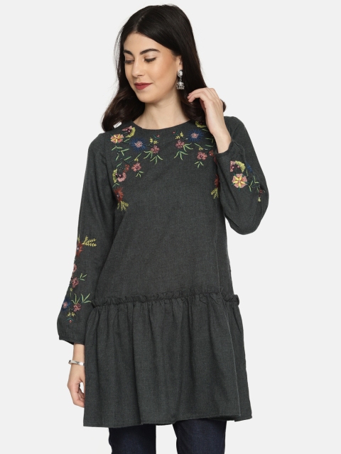 

Colour Me by Melange Women Charcoal Grey Embroidered A-Line Kurta
