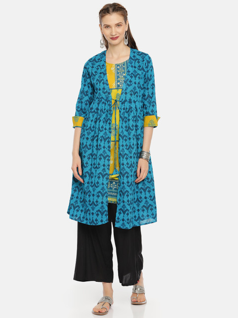 

Colour Me by Melange Women Blue & Yellow Printed A-Line Layered Kurta