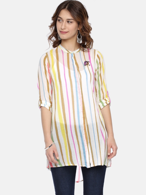 

Colour Me by Melange White & Blue Striped High-Low Tunic