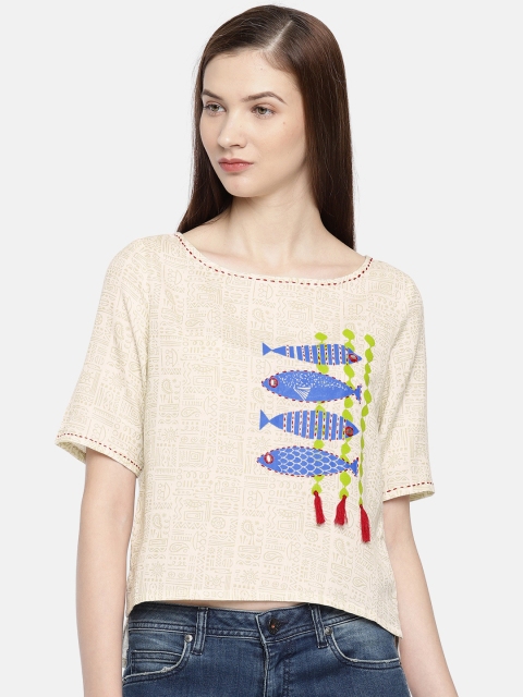 

Colour Me by Melange Women Off-White & Green Printed High-Low Top