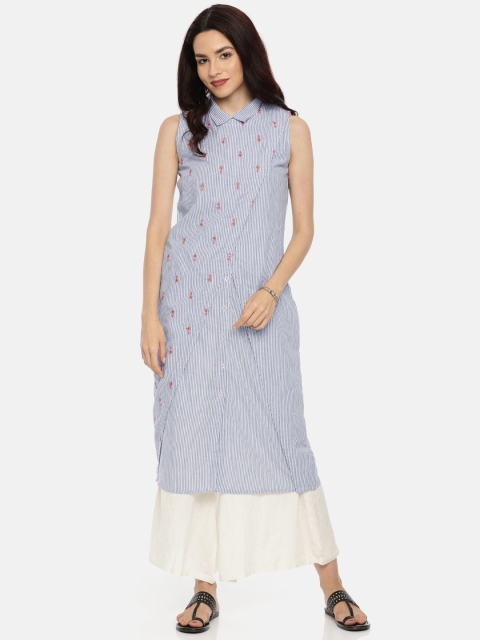 

Colour Me by Melange Women Blue & White Striped Straight Layered Kurta