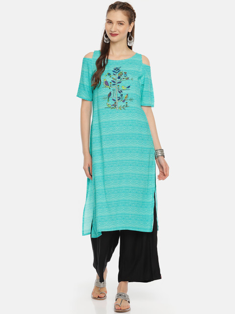 

Colour Me by Melange Women Sea Green Quirky Print Straight Kurta