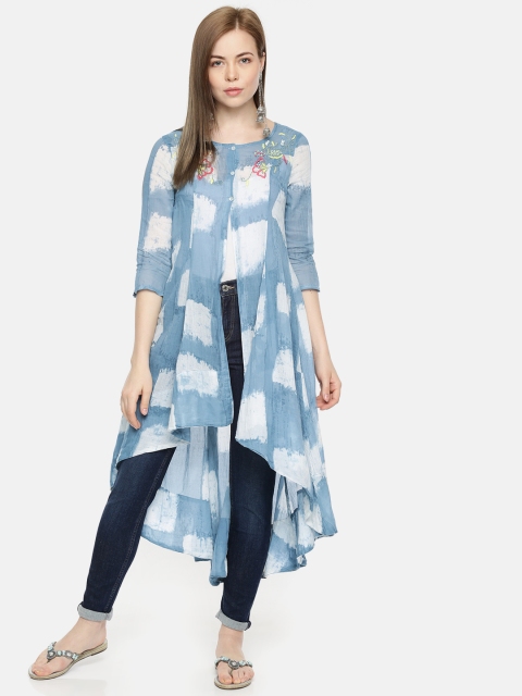 

Colour Me by Melange Blue & White Printed Button Shrug