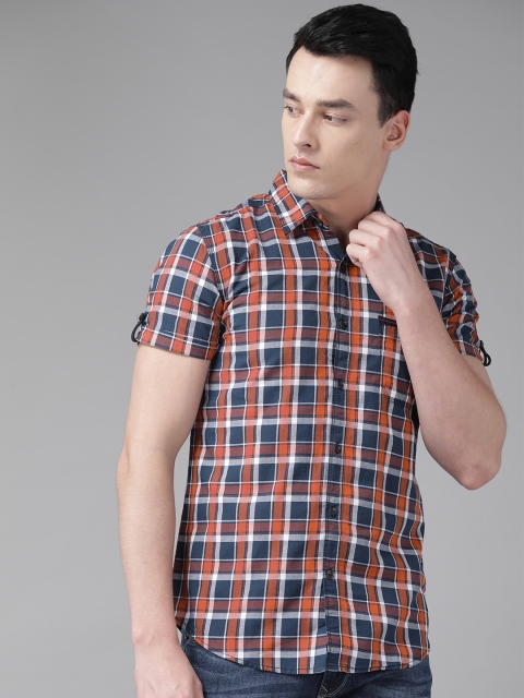 

SPYKAR Men Navy Blue & Orange Regular Fit Checked Casual Shirt