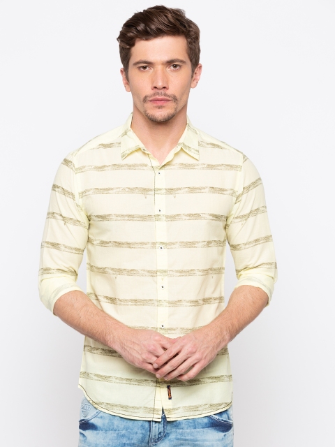 

SPYKAR Men Yellow Slim Fit Striped Casual Shirt