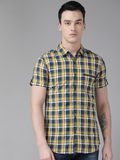 

SPYKAR Men Navy Blue & Yellow Regular Fit Checked Casual Shirt