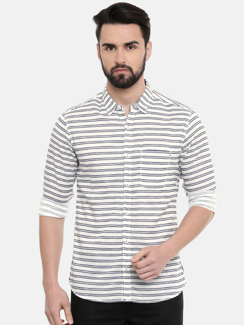 

SPYKAR Men White & Navy Blue Regular Fit Self Striped Casual Shirt