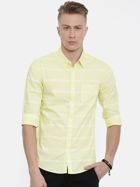 

SPYKAR Men Yellow Slim Fit Striped Casual Shirt