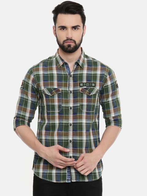 

SPYKAR Men Olive Green & White Slim Fit Checked Casual Shirt