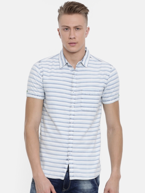 

SPYKAR Men White & Blue Slim Fit Striped Casual Shirt