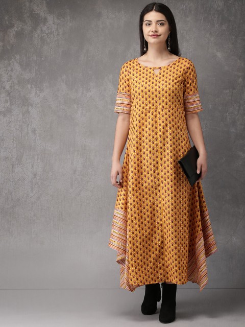

Anouk Women Mustard Yellow Printed Asymmetrical Hem A-Line Fusion Kurta