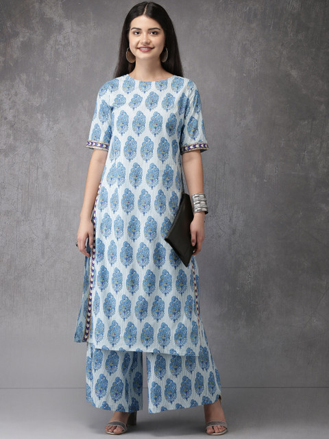 

Anouk Women Blue & White Printed Kurta With Palazzos