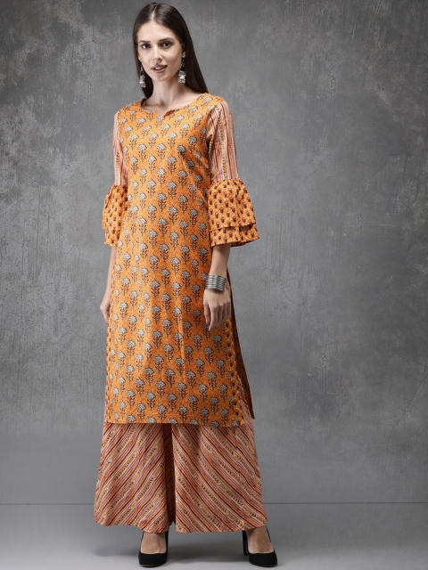 

Anouk Women Mustard Yellow & Black Printed Kurta with Sharara
