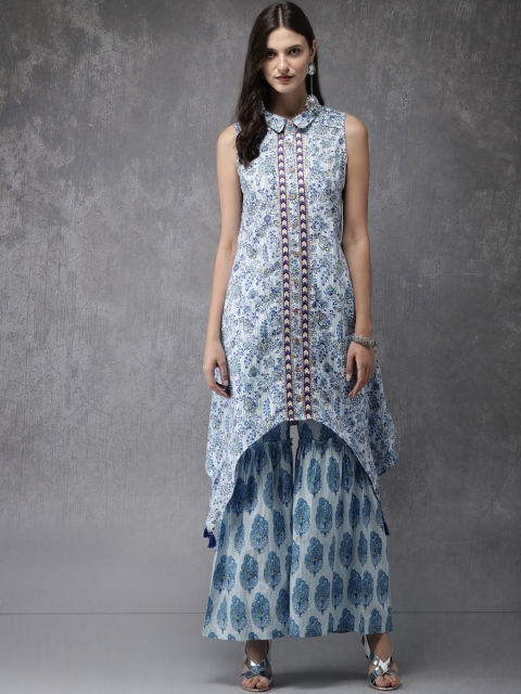 

Anouk Women White & Blue Printed Kurta with Sharara