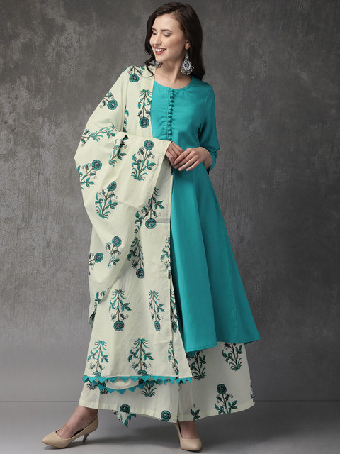 

Anouk Women Blue & Cream-Coloured Solid Kurta with Palazzos & Dupatta
