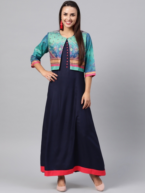 

Shree Women Navy Blue Solid A-Line Dress with Ethnic Jacket