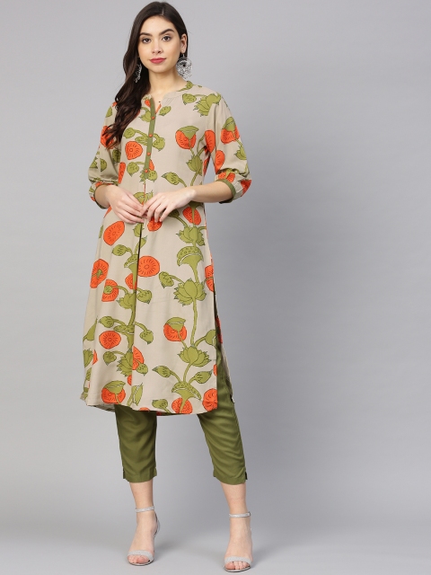 

Shree Women Olive Green & Orange Printed Kurta with Trousers