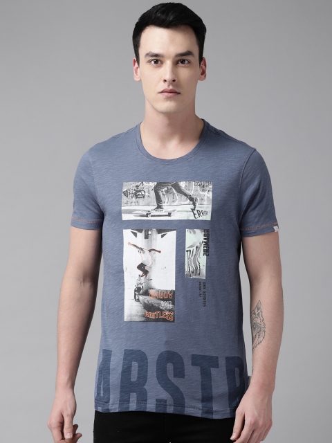 

SPYKAR Men Blue & Grey Printed Round Neck T-shirt