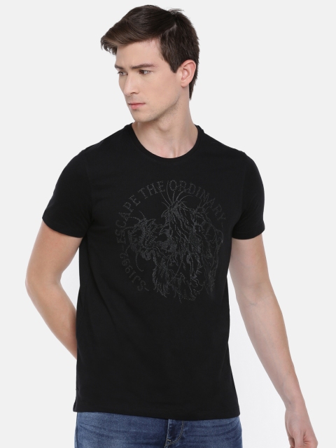 

SPYKAR Men Black Self Design Round Neck Pure Cotton T-shirt