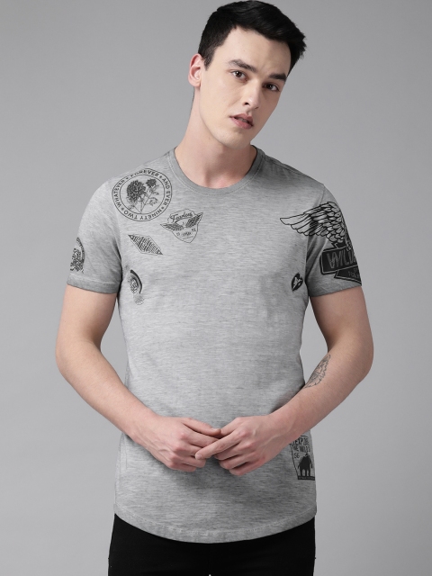 

SPYKAR Men Grey Melange & Black Printed Round Neck T-shirt