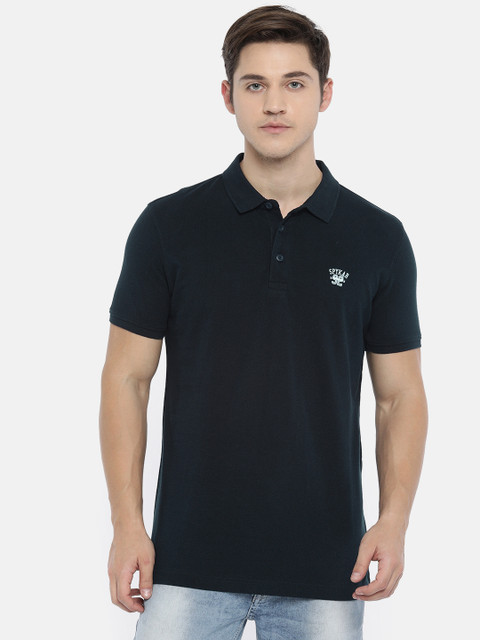 

SPYKAR Men Navy Blue Solid Slim Fit Polo Collar Pure Cotton T-shirt