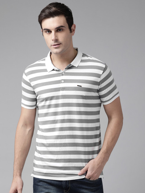 

SPYKAR Men White & Charcoal Grey Striped Polo Collar T-shirt